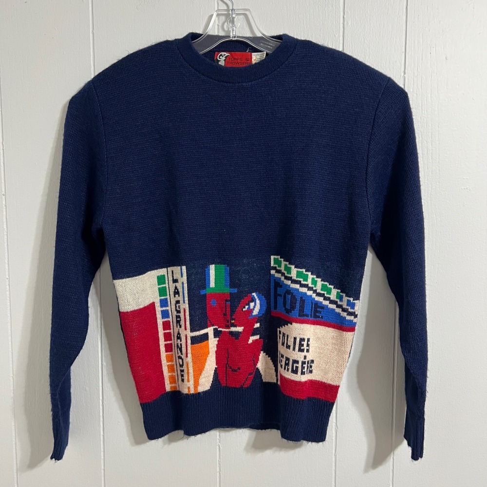 Topps Trowsers Crewneck Sweater Men's Medium Blue Folies Bergere Graphic Knit‎